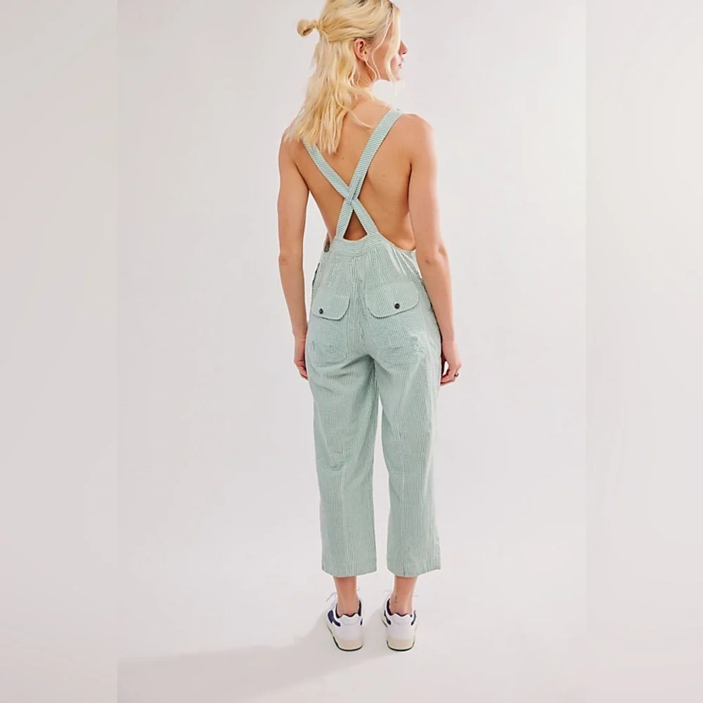 NWT Free People In Town Green Combo Striped Open Back Overalls Sz S